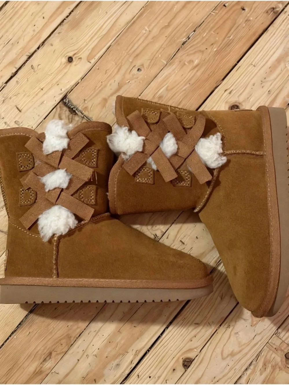 Koolaburra Kids Chestnut Brown Suede Bow Shearling Boots